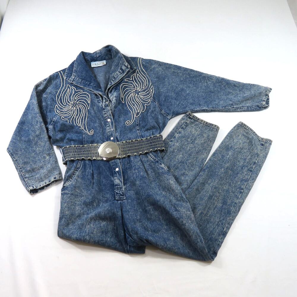Pado California Coveralls Jumpsuit, Denim Belted, Blue, 1980s ZZ10